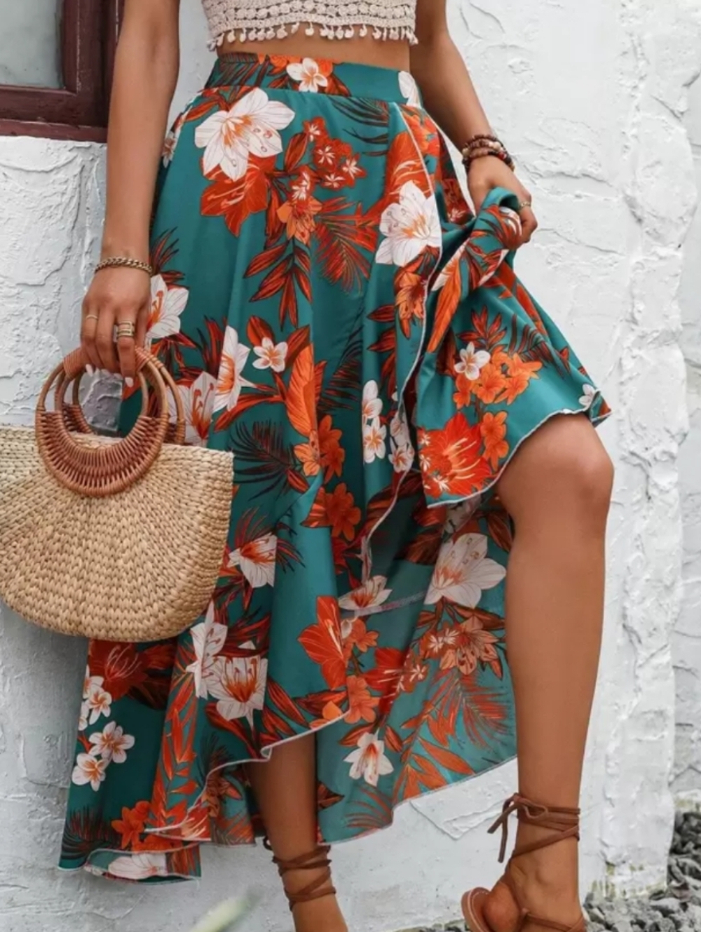 Shein Vcay Boho Floral Print Skirt with Ruffle Hem Size Medium